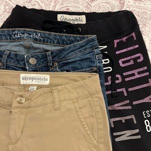 Aeropostale pants bundle: size 3/4 Khaki bootcut, size 4 jeans,small sweatpants